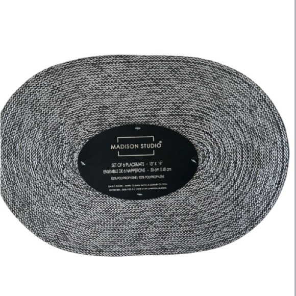 Madison Studio 6 pc Monochrome Oval Placemats 13in x 19in Black White - Picture 1 of 6
